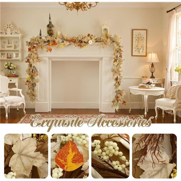 Fall Leaves Garland for Mantle, Autumn Leaf Garland with White Pumpkins - Picture 4 of 7